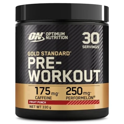 Image of Optimum Nutrition Gold Standard Pre Workout Powder, Energy Drink with Creatine Monohydrate, Beta Alanine, Caffeine and Vitamin B Complex, Supplement, Fruit Punch Flavour, 30 Servings, 330 g