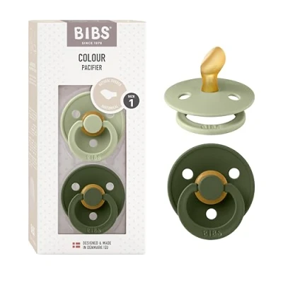 Image of BIBS Colour Anatomical Soother 2 Pack, BPA Free Dummy Pacifier, Orthodontic Nipple. Natural Rubber Latex, Made in Denmark. 0 6 Months (Pack of 2), Sage/Hunter Green