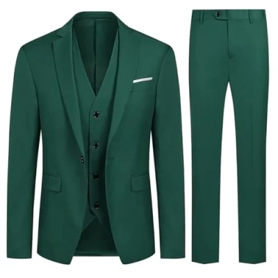 Image of Allthemen Mens Suits 3 Piece Slim Fit Wedding Formal Tuxedo One Button Close Blazers Jacket Waistcoat Trousers Green M