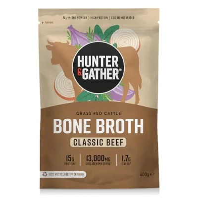 Image of Hunter &amp; Gather Beef Bone Broth Powder 15g Protein Grass Fed EU Collagen Instant Savoury Drink or Cooking Boost No Fridge Needed 20 Servings Keto, Paleo, Gluten Free 400g
