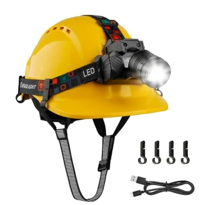 Image of Mustbau Hard Hat with Head Torch Safety Helmet Sensor LED Headlight,Adjustable Vented Hardhats and Rechargeable Headlamp Set EN397 for Construction Worker Yellow