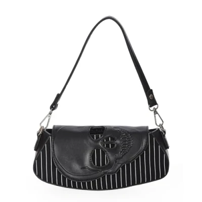 Image of Banned Black Core Pinstripe Shoulder Bag Fuax Leather Skull Embossed Gothic, One Size