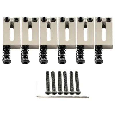 Image of Musiclily Ultra 10.5mm Modern Style Full Solid Brass Offset Saddles for Strat Tele Electric Guitar, Nickel (Set of 6)