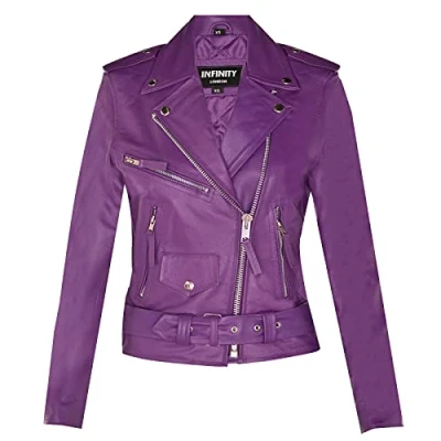 Image of Women&#039;s Classic Purple Brando Real Cow Hide Leather Biker Motorcycle Jacket XL