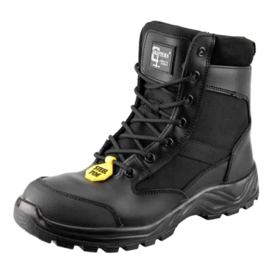 Image of Grafters Steel Toe Safety Work Boots, Black Leather Combat Style, S1 Protection, Lace up with Side Zip (Black, UK Footwear Size System, Adult, Men, Numeric, Medium, 12)