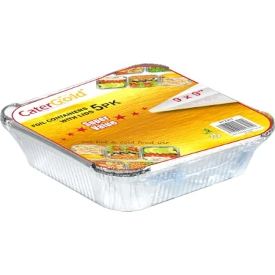 Image of Catergold Aluminium Food Container with Lid Silver Foil Tray Disposable Reusable Roasting (10Pcs Value Pack 9&#039;&#039;x9&#039;&#039;)