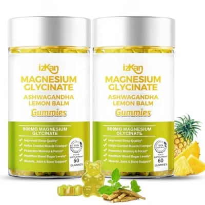 Image of Magnesium Glycinate Gummies 800mg Sugar Free Supplement with Ashwagandha, Lemon Balm Extract &amp; CoQ10 for Calm Mood Muscle, Sleep Support 60 (Pineapple Flavor) (2)