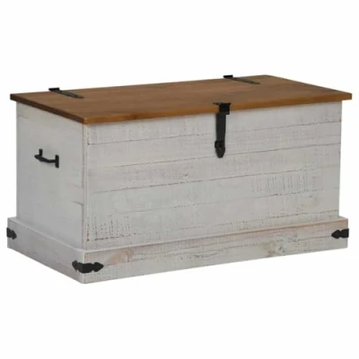 Image of vidaXL HALDEN White Pine Storage Chest Trunk/Coffee Table with Metal Handles 91x48x47 cm for Living Room/Bedroom