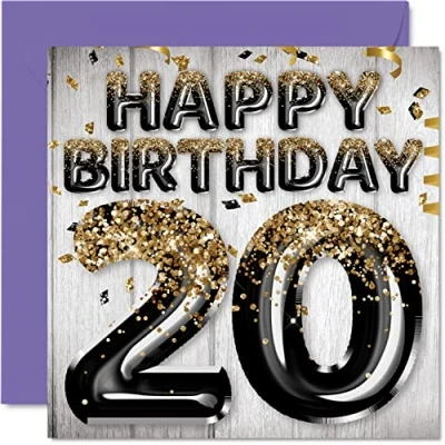 Image of 20th Birthday Card for Men Black &amp; Gold Glitter Balloons Happy Cards 20 Year Old Man Son Brother Uncle Cousin, 145mm x Twenty Twentieth Bday Greeting Gift