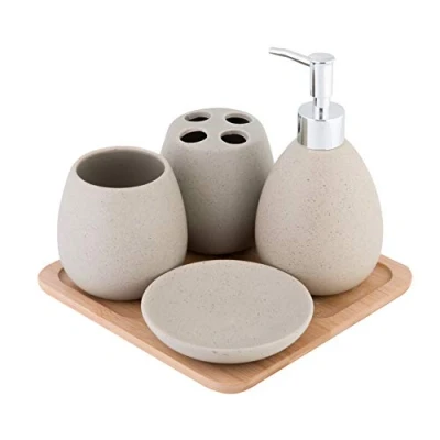 Image of axentia Avignon 126822 Bathroom Set, Toilet Accessories Made Ceramic and Bamboo, Brown, 23 x 30 11 cm