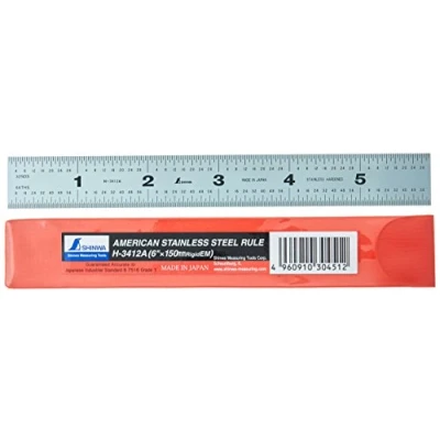 Image of Shinwa H 3412A 6&quot; 150 mm Rigid English Metric Zero Glare Satin Chrome Stainless Steel E/M Machinist Engineer Ruler/Rule with Graduations in 1/64, 1/32, and .5