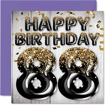 Image of 88th Birthday Card for Men Black &amp; Gold Glitter Balloons Happy Cards 88 Year Old Man Dad Great Grandad Grandpa Gran, 145mm x Eighty Eight Eighth Greeting Gift