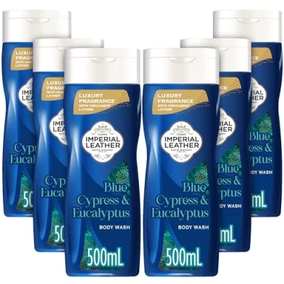 Image of Imperial Leather Blue Cypress &amp; Eucalyptus Invigorating Body Wash Shower Gel Signature Oil Blend, Creamy Lather, Gentle Skin Care, Bulk Buy, Pack of 6x500ml