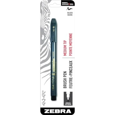 Image of Zebra Pen Zensations Brush Pen, Medium Tip, Black Water Resistant Ink, 1 Pack