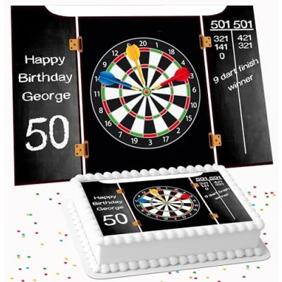 Image of DARTBOARD DARTS HAPPY BIRTHDAY PERSONALISED ICING EDIBLE COSTCO CAKE TOPPER DECORATION R1 4565