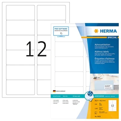 Image of HERMA Self Adhesive Inkjet Address Labels, 12 Labels per A4 Sheet, 100 Sheets, 88.9 x 46.6 mm, 1200 Blank Mailing Stickers, Sticky for Printer, White