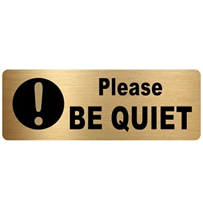 Image of METAL Please Be Quiet Sign WITH IMAGE Brushed Gold Aluminium Safety Security Door Notice Shop Warehouse School Cafe Restaurant Business Library Silent Noise