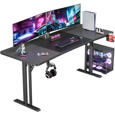 Image of DLONGONE Gaming Desk 160 x 70 cm, Home Office Gamer Desk, Computer Table with Large Carbon Fiber Desktop, Ergonomic Workstation Mouse Pad, Cup Holder &amp; Headphone Hook, Black