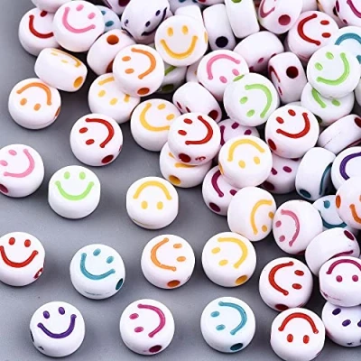 Image of Pack of 100 Opaque White 7mm Round Smiley Face Beads