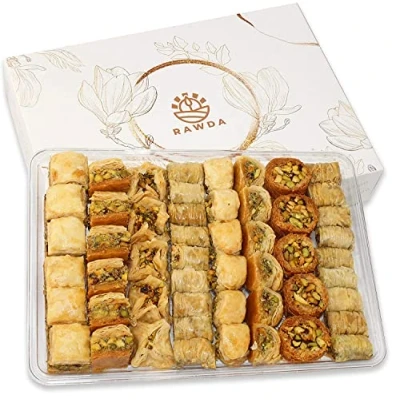 Image of RAWDA Premium Fresh Baklava Assorted Pistachio (1Kg / 50 Pieces) Freshly Baked Sweet Baklawa Tray and Box