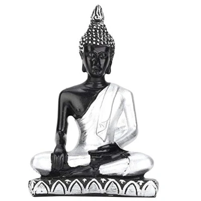 Image of Buddha Statue Ornament, Resin Small Zen Meditating Seated Figurine Southeast Asia Indoor Home Decor 2.8x4.3in(Silver)