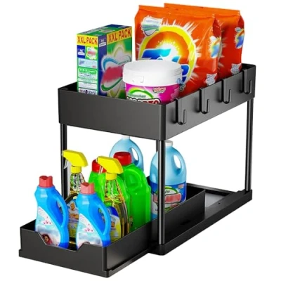 Image of 2 Tier Under Sink Storage Organizer, Pull Out Drawer with 4 Hooks &amp; Hanging Cup for Kitchen and Bathroom, Multi Purpose Organiser