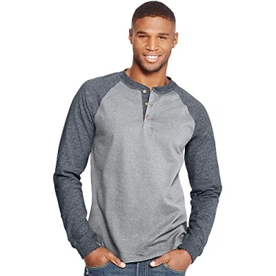 Image of Hanes Originals Men&#039;s Henley T Shirt, Long Sleeve Cotton Tees for Men, Oxford Gray/Slate Heather, S