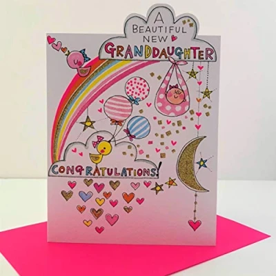 Image of Rachel Ellen A Beautiful New Granddaughter Congratulations Card Baby Birds Rainbow