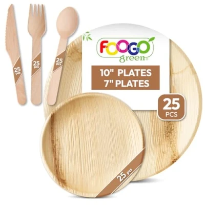 Image of FOOGO Green 125pcs Disposable Palm Leaf Plates and Wooden Cutlery Set, FSC® Certified, 25x Large Round Plates, Small Side Spoons, Forks, Knives, Party Eco Biodegradable