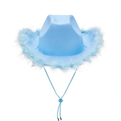 Image of Cowboy Hats for Women Fluffy Feather Brim LED Cowgirl Hat Bachelorette, Costume Party, Play Dress Up (Blue)