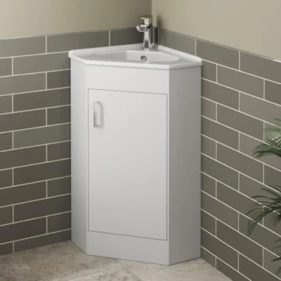 Image of Affine® 585mm Corner Vanity Unit Basin Sink Bathroom Storage Cabinet Cupboard Freestanding, Single Tap Hole Ceramic Wash Basins, Soft Close Door, White Gloss