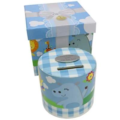 Image of Go Find A Gift Personalised Engraved Blue Animal Patterned Ceramic Money Box