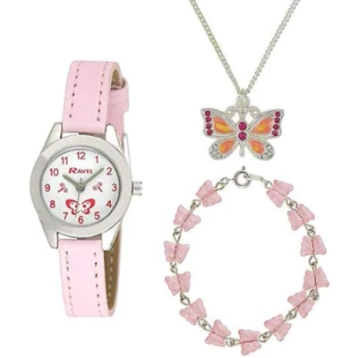 Image of Ravel Little Gems Childrens Butterfly Watch, Necklace and Bracelet Gift Set