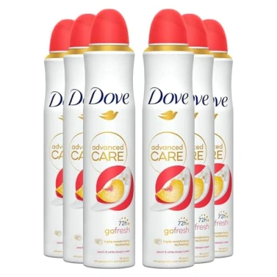 Image of Dove Advanced Care Antiperspirant Go Fresh 72 Hours Sweat and Odour Protection with Long Lasting Fragrance of Peach &amp; White Blossom Deodorant for Women, 200ml Pack 6