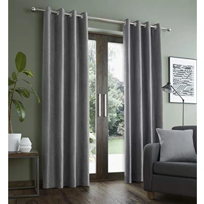 Image of Catherine Lansfield Faux Suede 46x72 Inch Lined Eyelet Curtains Two Panels Grey