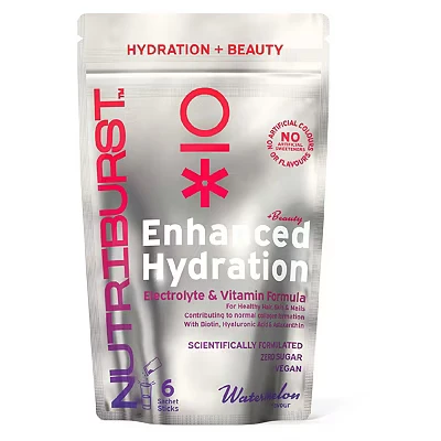 Image of Nutriburst Enhanced Hydration + Beauty Electrolytes 11 Vitamins &amp; Minerals Energy Radiant Skin Nourish Hair Performance Suitable for Vegans 6 Pack: Watermelon