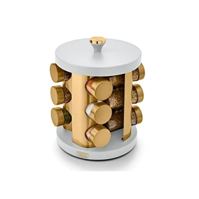 Image of Tower T826022WHT Cavaletto 12 Jar Rotating Spice Rack with Pre Filled Spices, Optic White and Champagne Gold