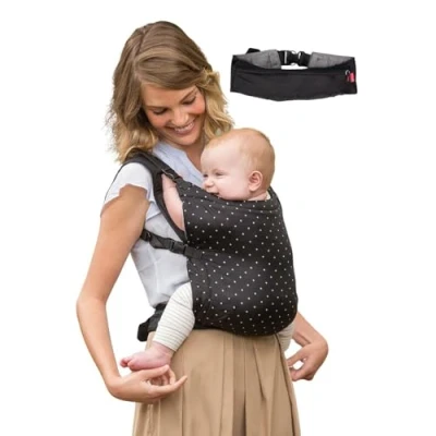 Image of Infantino Zip Ergonomic Travel Carrier face in compact, front and back carry, for newborns toddlers 12lbs 40lbs / 5.4 18.1 kg