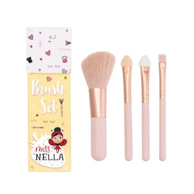 Image of Miss Nella Make Up Brush Set for Kids, 4 kid size pink brushes, 2 eye shadow applicators, blush brush, blending perfect little hands