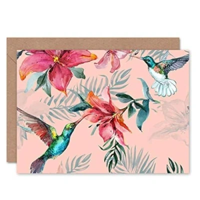 Image of Wee Blue Coo Hummingbirds And Lilies Greeting Card With Envelope Inside Premium Quality