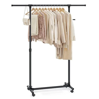 Image of SONGMICS Clothes Rack with Castors, Garment Rack, Adjustable Height Between 97 165 cm, Rail Extendable Bar, Side Hooks for Accessories and Bags, Black LLR001B01