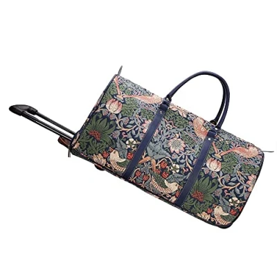 Image of Signare Tapestry Travel Bag Overnight Bags Weekend with Wheel for Women William Morris Design (Strawberry Thief Blue, Pull STBL)