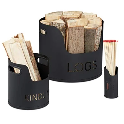 Image of Relaxdays Firewood Holder Set of 3, for Wood, Kindling &amp; Matches, Wood Basket Metal, Diameters: 37/19 / 6.5 cm, Black
