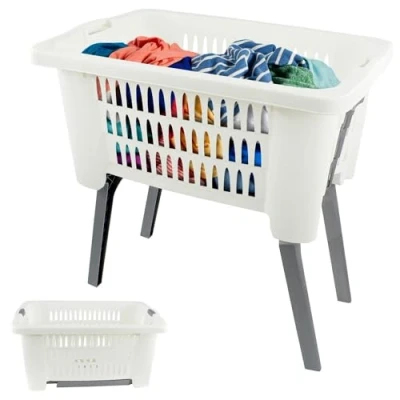 Image of GEEZY Folding Laundry Basket with Foldable Legs Lightweight Ventilated Bin, Large Capacity Plastic Washing Basket, Space Saving Clothes Storage, Keep Bathroom Tidy &amp; Room Organised