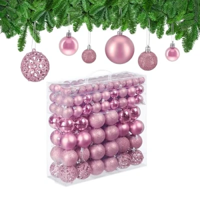 Image of Relaxdays Christmas Baubles Set of 150, Glittering, Matt &amp; Shiny Surfaces, Tree Ornaments, Plastic, ∅ 3, 4 6 cm, Pink, 7 x cm