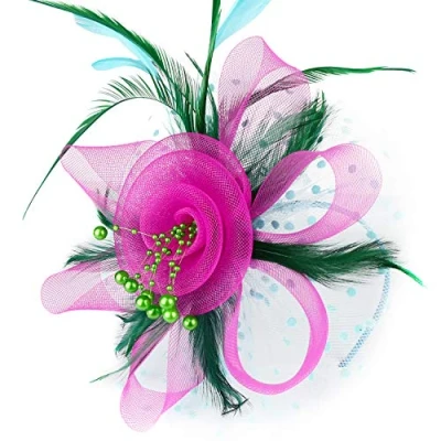 Image of DRESHOW Fascinators Hat Flower Mesh Ribbons Feathers on a Headband and Forked Clip Cocktail Tea Party Headwear for Girls Women