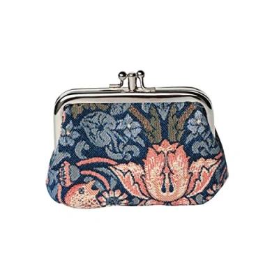 Image of Signare Tapestry Double Pocket Change Pouch Kiss lock Coin Purse for Women With William Morris Blue Strawberry Thief Design (FRMP STBL)