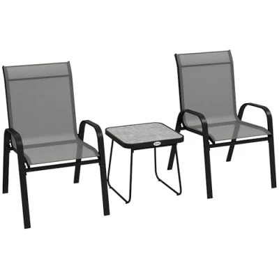 Image of Outsunny 3 Pieces Outdoor Bistro Set, Patio Stackable Armchairs with Breathable Mesh Fabric and SPC Board Coffee Table, Light Grey