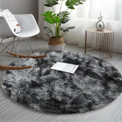 Image of AMEHA Round Rugs Living Room Fluffy Shaggy Dark Grey Area for Bedroom 120x120cm Anti Slip Modern Super Soft Thick Pile Plush Carpet Non Shedding Easy To Clean Rug, Tye Dye