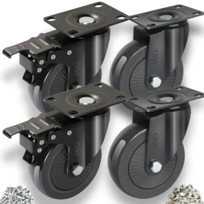 Image of .PRO Heavy Duty 600kg 100mm Swivel Trolley Caster wheels (Black) Industrial Strength Furniture Moving Casters with Screws, Bolts, Locking, Non Marking (2 brakes 2 without brakes)